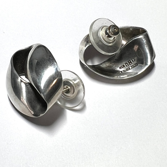 MidCentury Eternity Silver Earrings - 925 Abstract Endless Ribbon Post Earrings - Picture 9 of 9